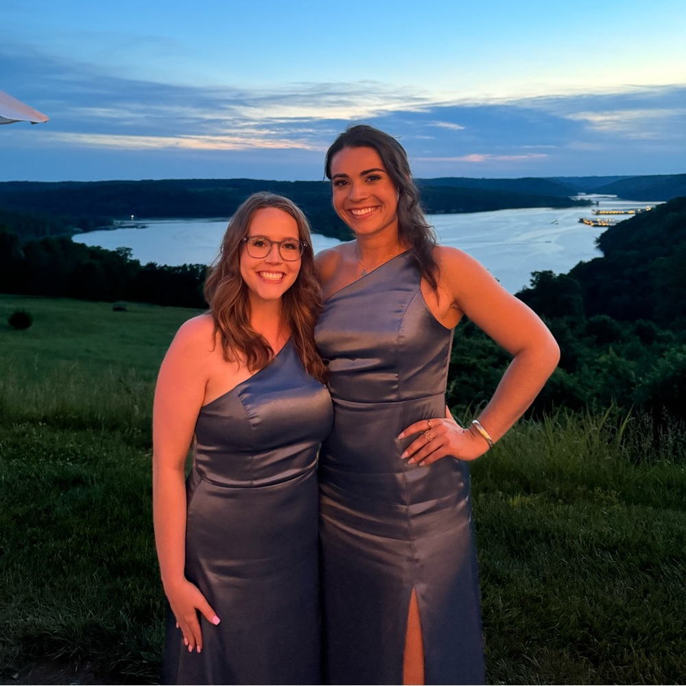 Birdy Grey One-Shoulder Satin Dress in Slate Blue